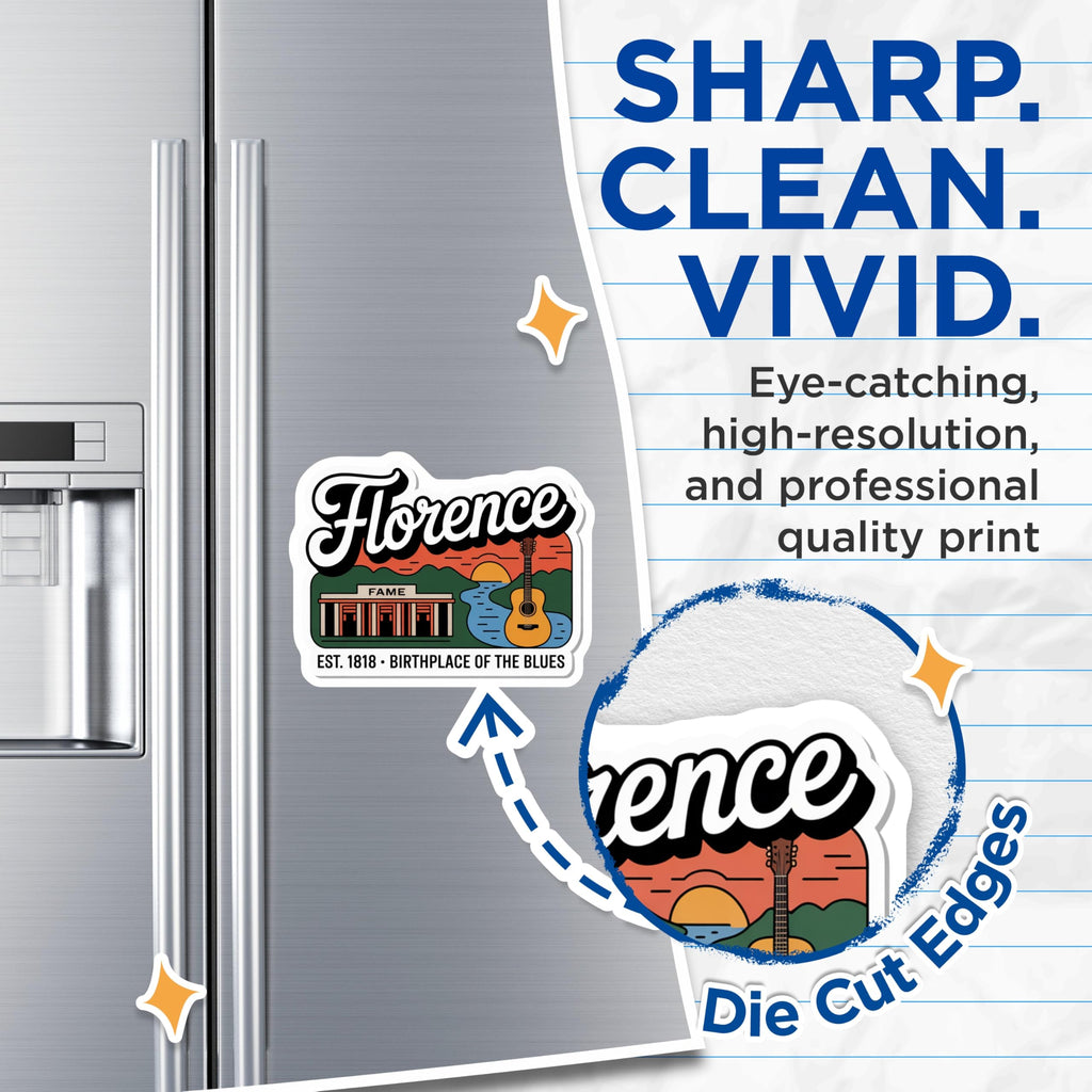 (2 Pack) Florence Alabama Magnets - Birthplace of Blues - Music City Fridge Decor - 5" On Longest Side - Premium Magnet - for Cars, Refrigerators, Toolboxes, Lockers - Made in USA - MAG18054