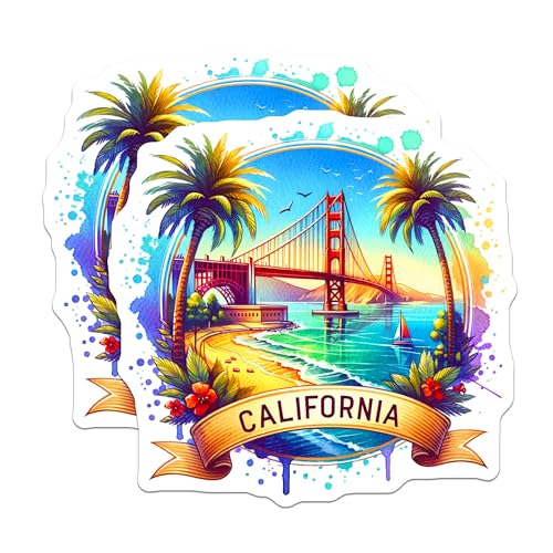 (2 Pack) California Stickers - Golden Gate Bridge - Coastal Art for Travel Lovers - 5" On Longest Side - Sticks to Smooth Flat Surfaces - Made in USA - BMCS6895