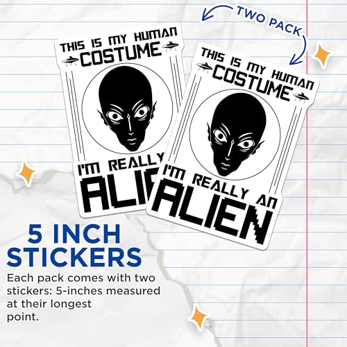 (2 Pack) Alien Costume Stickers - Funny Alien Stickers - UFO Extraterrestrial Humor Decal - 5" On Longest Side - Sticks to Smooth Flat Surfaces - Made in USA - BMCS5522