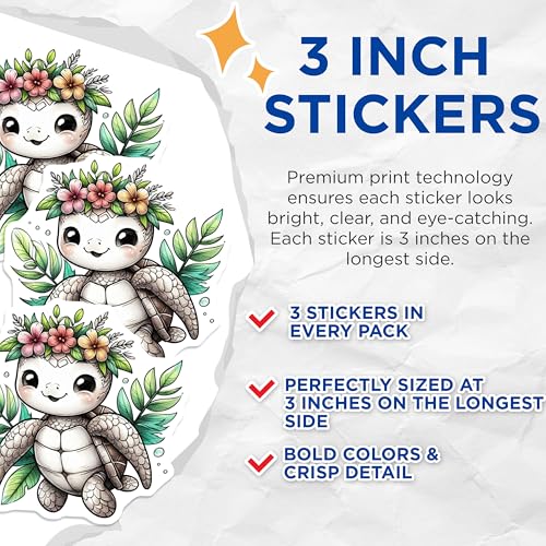 (3 Pack) Turtle Decals - Cute Animal Stickers - Floral Crown Sea Turtle - 3 Inches On Longest Side - Easy Peel & Apply - Made in USA - 3MCS0091