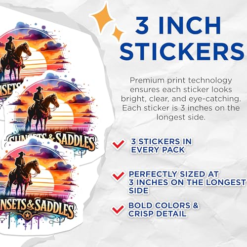 (3 Pack) Sunsets and Saddles Decals - Cowboy Horse - Western Theme Decals- 3 Inches On Longest Side - Easy Peel & Apply - Made in USA - 3MCS5645