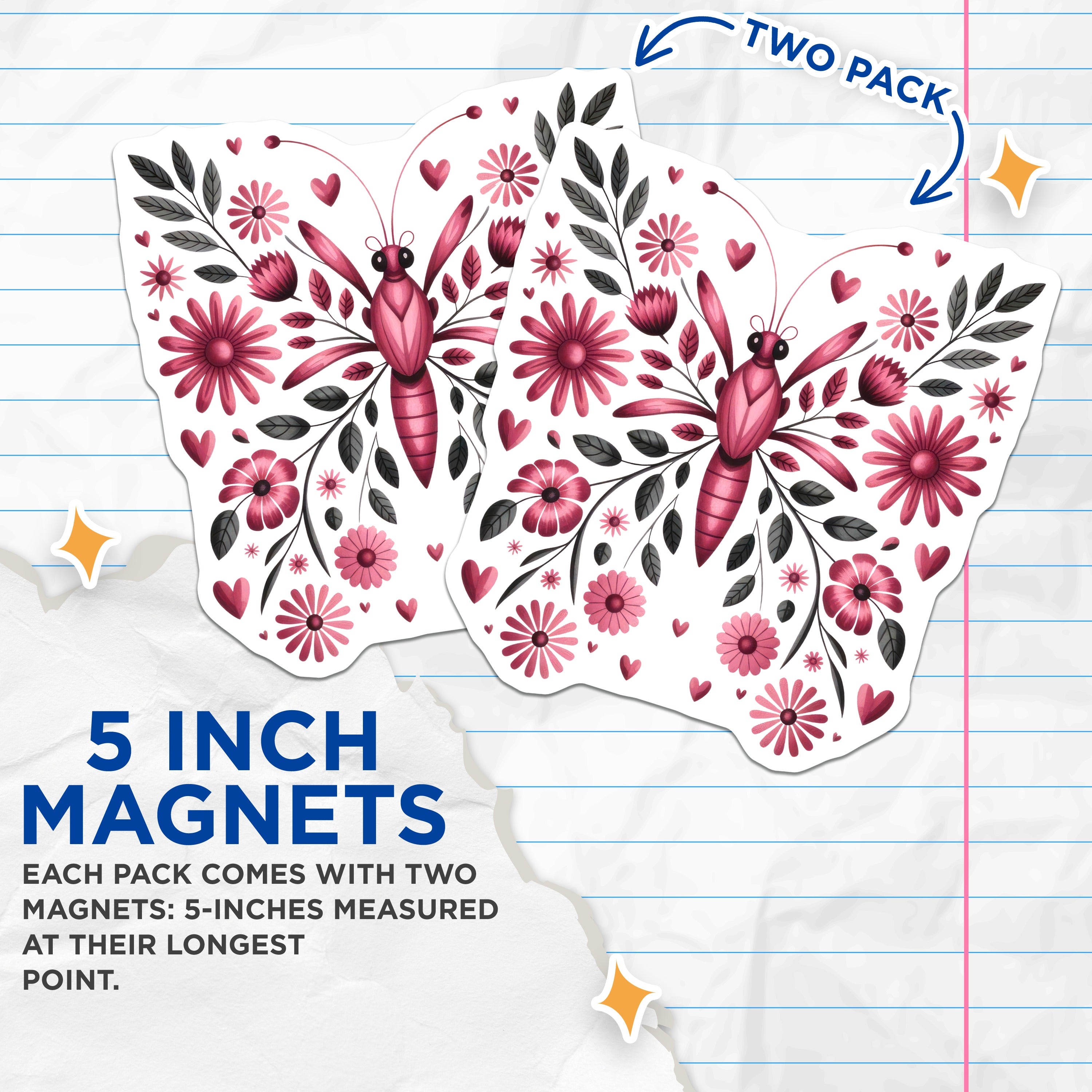 (2 Pack) Folk Art Butterfly Magnets - Pink Flower Decor - Nature Inspired Art - 5 Inches On Longest Side - Thick Durable Magnet - Made in USA - MAG39388