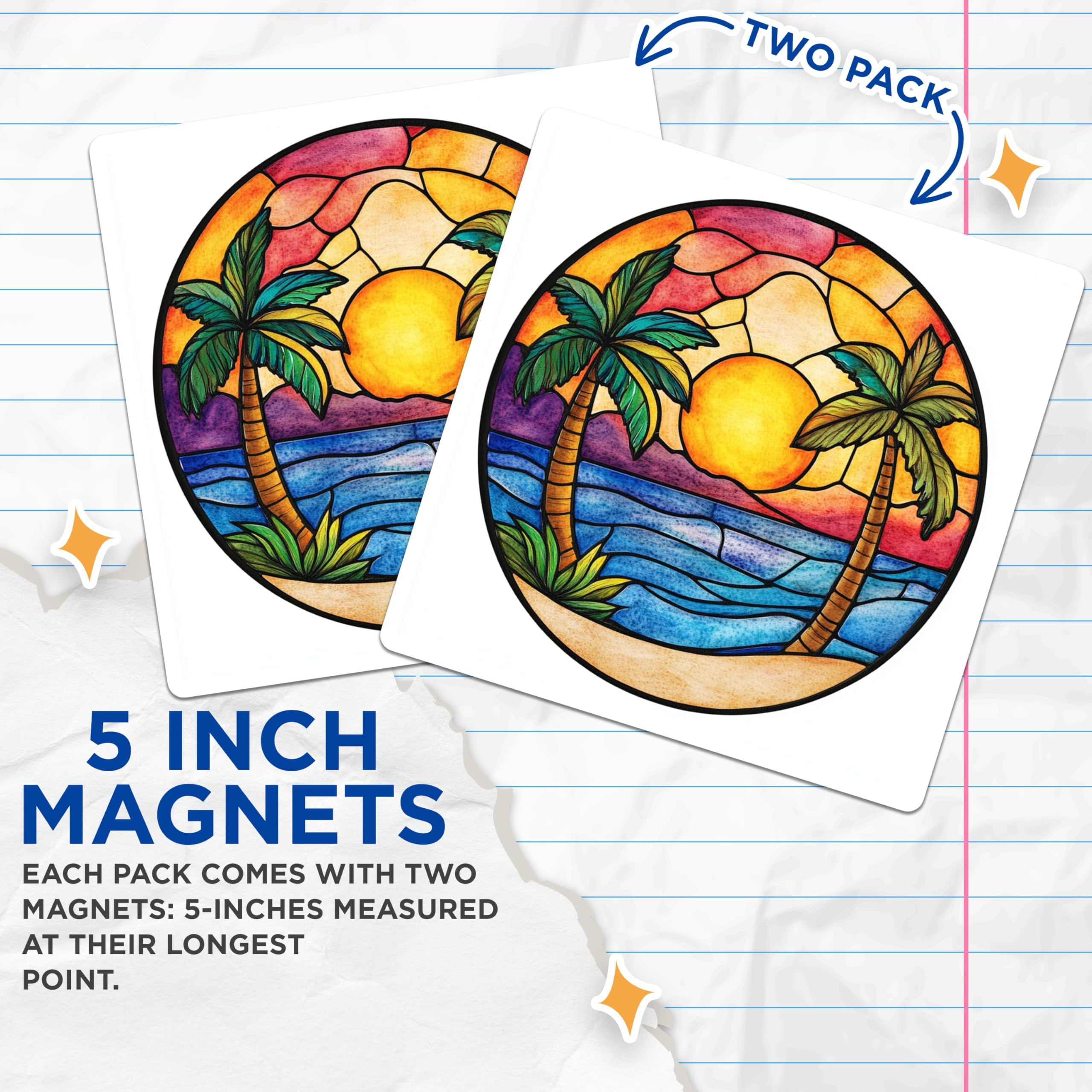 (2 Pack) Stained Glass Magnets - Tropical Palm Tree Beach - Ocean Sunset Coastal Decor - 5 Inches On Longest Side - Thick Durable Magnet - Made in USA - MAG28460