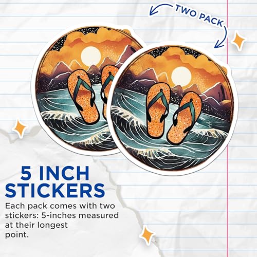 (2 Pack) Flip Flop Sunset Stickers - Tropical Beach Art - Summer Beach Flip Flops - 5" On Longest Side - Sticks to Smooth Flat Surfaces - Made in USA - BMCS9312