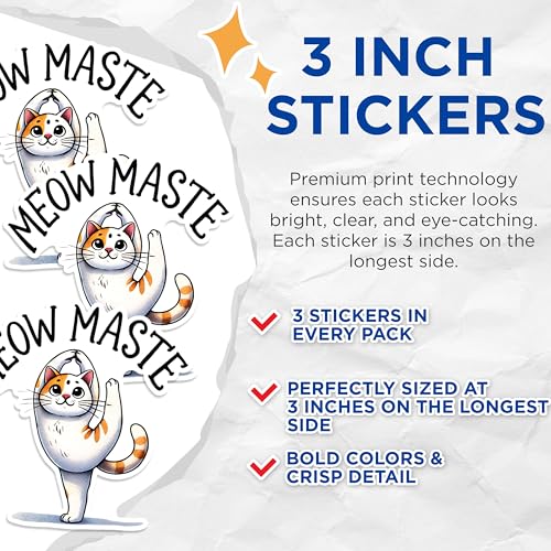 (3 Pack) Meowmaste Decals - Yoga Cat - Funny Cat Stickers - 3 Inches On Longest Side - Easy Peel & Apply - Made in USA - 3MCS1289