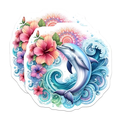 (2 Pack) Dolphin Stickers - Ocean Stickers - Floral Wave Dolphin Design - 5" On Longest Side - Sticks to Smooth Flat Surfaces - Made in USA - BMCS9490