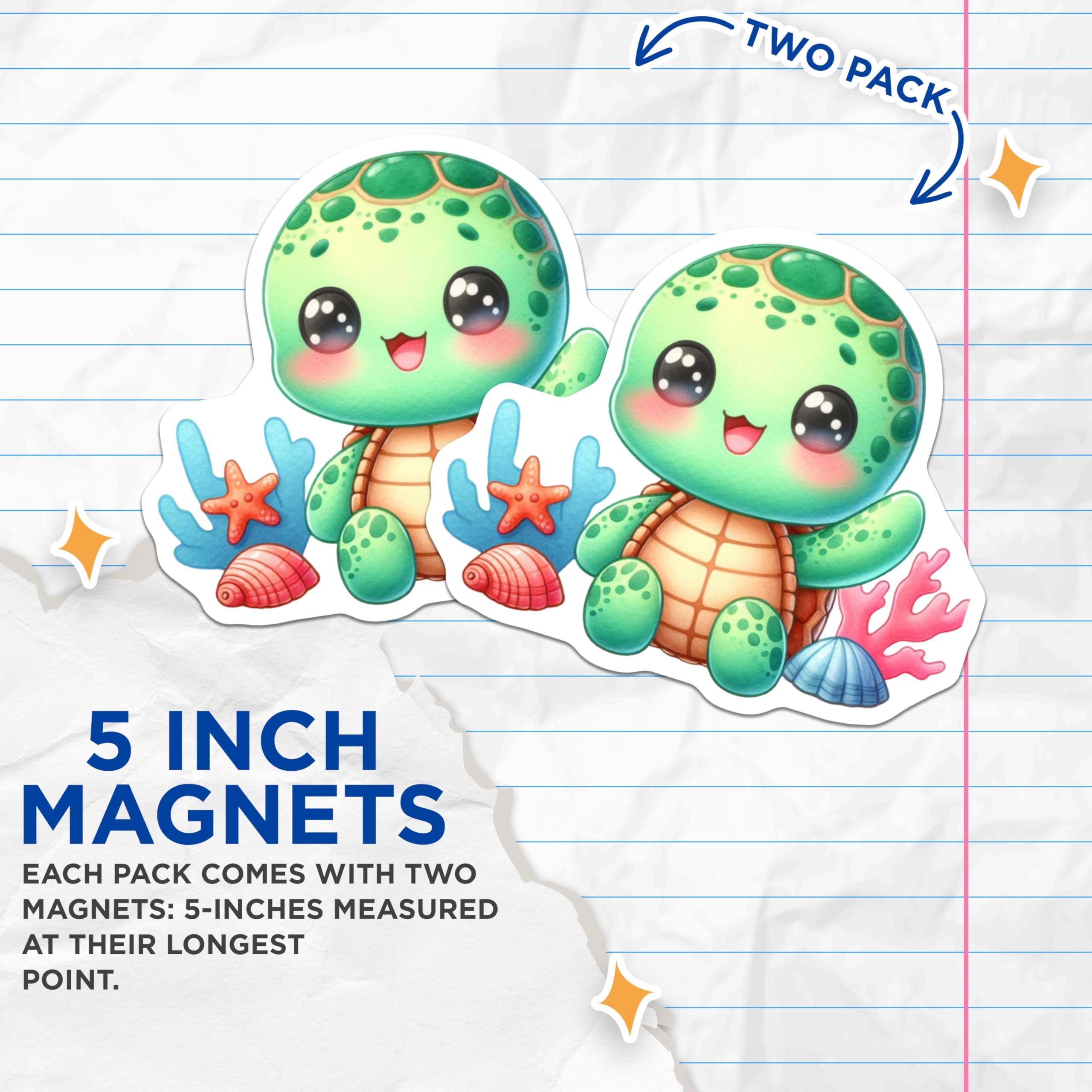 (2 Pack) Kawaii Sea Turtle Magnets - Adorable Ocean Creature Refrigerator Decor - Starfish Coral Shell Art - 5 Inches On Longest Side - Thick Durable Magnet - Made in USA - MAG20893