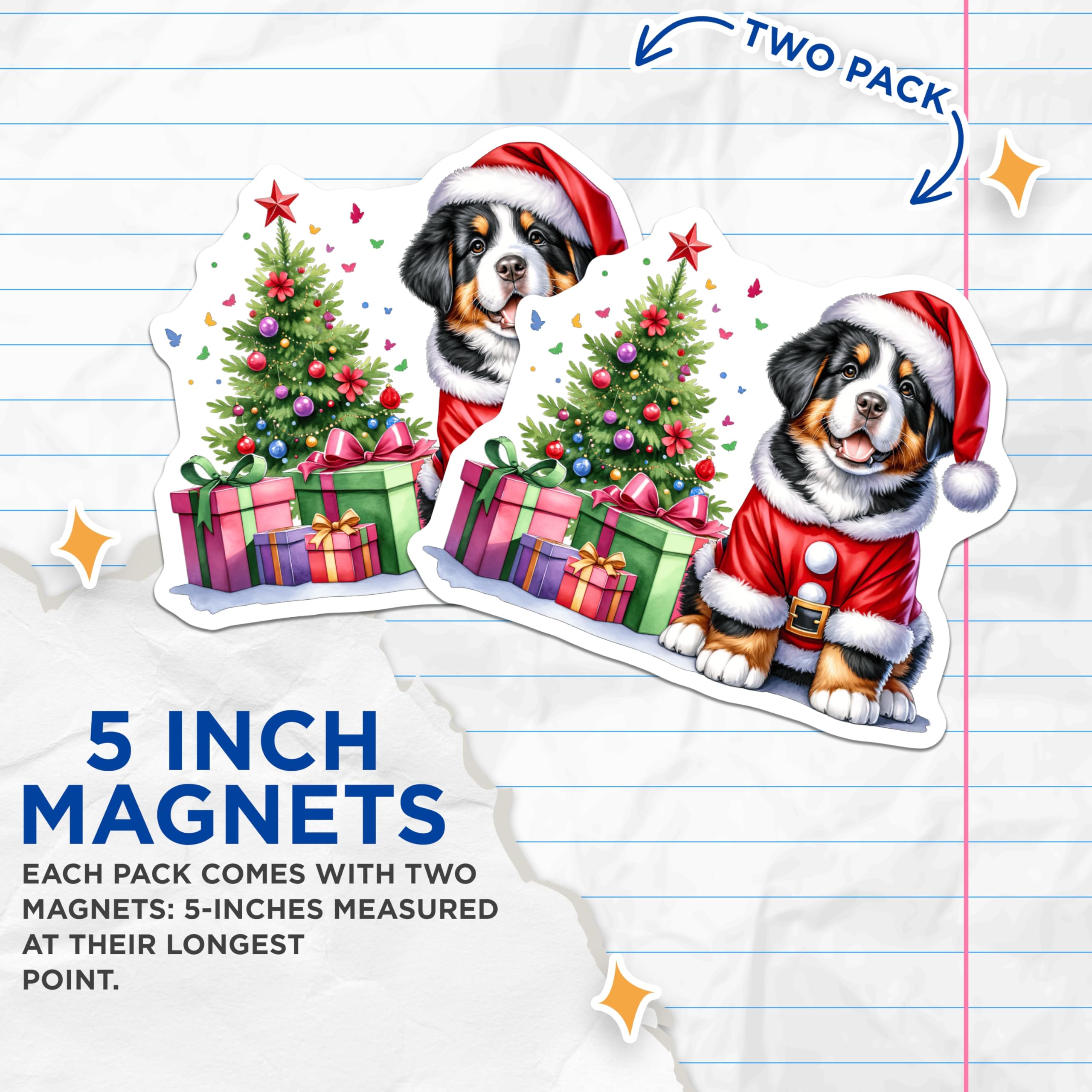 (2 Pack) Bernese Mountain Dog Christmas Magnets - Santa Puppy Holiday Decor - Pet Lover Seasonal Accent - 5 Inches On Longest Side - Thick Durable Magnet - Made in USA - MAG30653