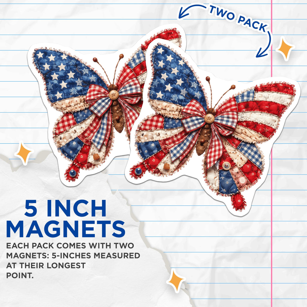 (2 Pack) American Butterfly Magnets - Patriotic Quilt Design - Fourth of July Decor - 5 Inches On Longest Side - Thick Durable Magnet - Made in USA - MAG20868