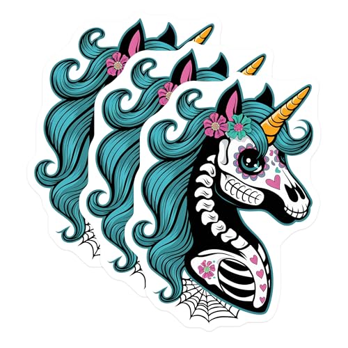 (3 Pack) Sugar Skull Unicorn Decals - Dia de Los Muertos - Calavera Unicorn Stickers - 3 Inches On Longest Side - Easy Peel & Apply - Made in USA - 3MCS8222