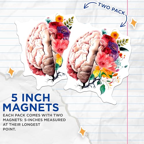 (2 Pack) Brain and Flowers Magnets - Artistic Brain - Colorful Brain Magnets - 5" On Longest Side - for Cars, Fridges, Toolboxes - Made in USA - MAG3996