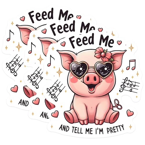 (3 Pack) Cute Pig Decals - Heart Glasses - Feed Me Pretty Pig - 3 Inches On Longest Side - Easy Peel & Apply - Made in USA - 3MCS0228