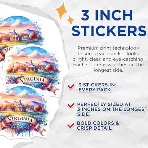 (3 Pack) Virginia Decals - Watercolor Art - State Pride Decal- 3 Inches On Longest Side - Easy Peel & Apply - Made in USA - 3MCS5747