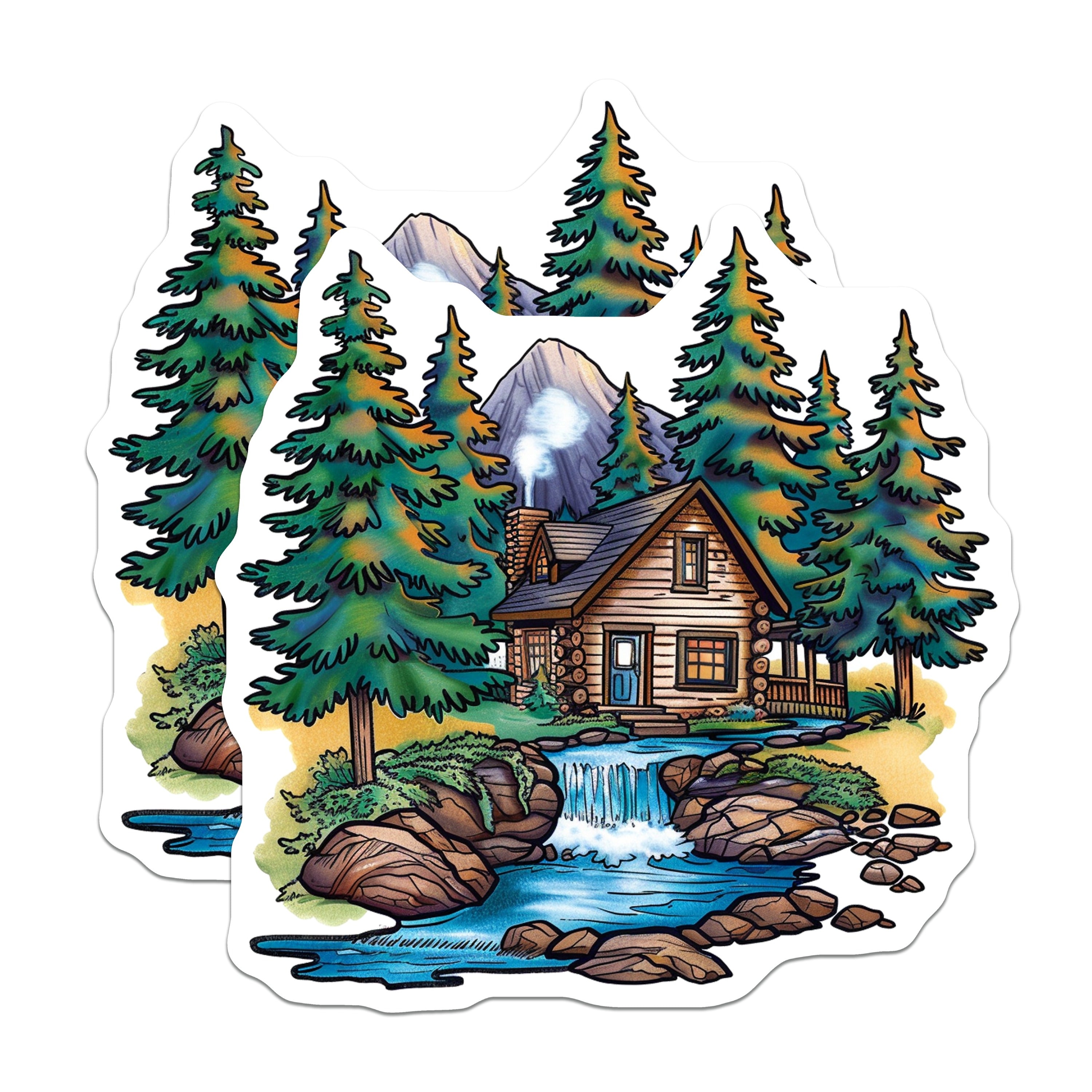 (2 Pack) Log Cabin Magnets - Mountain Landscape Art - Nature Lover Home Decor - 5 Inches On Longest Side - Thick Durable Magnet - Made in USA - MAG37042