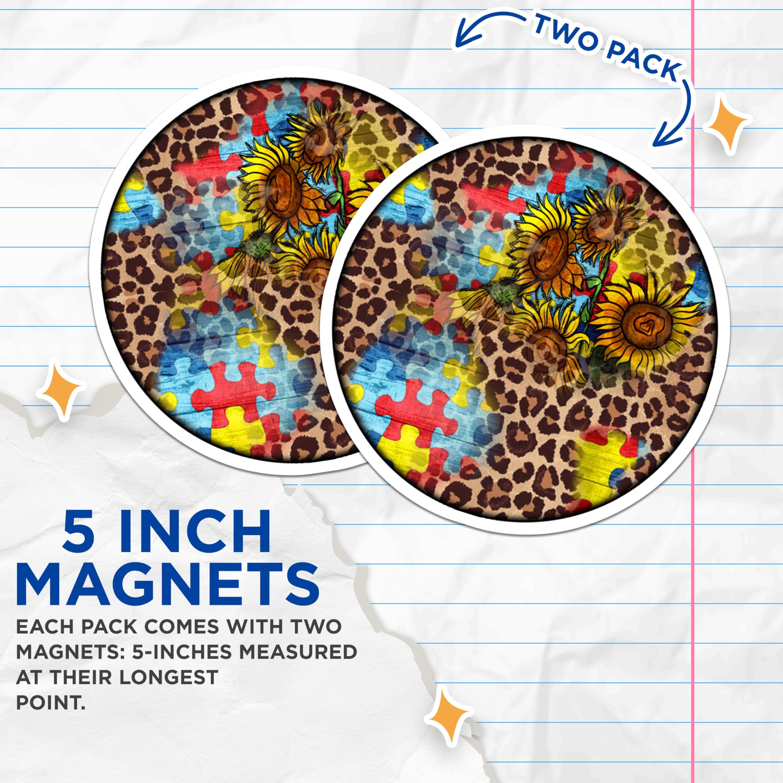 (2 Pack) Autism Awareness Sunflowers Magnets - Leopard Print Puzzle Piece - Special Education Supporter Decor - 5 Inches On Longest Side - Thick Durable Magnet - Made in USA - MAG30178