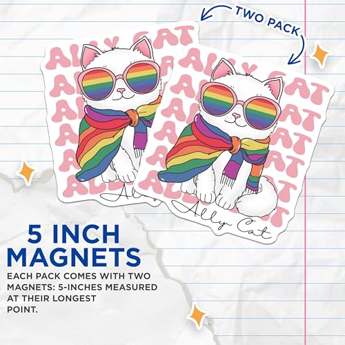(2 Pack) Ally Cat Magnets - Rainbow Cat Magnets - Cute Cat Magnets for Fridge - 5" On Longest Side - for Cars, Fridges, Toolboxes - Made in USA - MAG6678