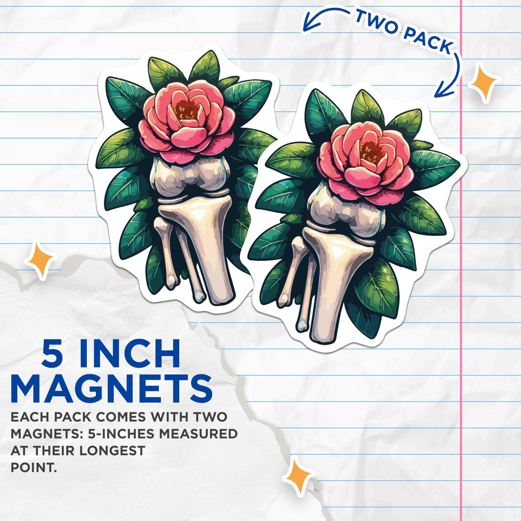 (2 Pack) Anatomical Knee Magnets - Floral Bone Art - Medical Student Decor - Unique Science Aesthetic - 5 Inches On Longest Side - Thick Durable Magnet - Made in USA - MAG19523