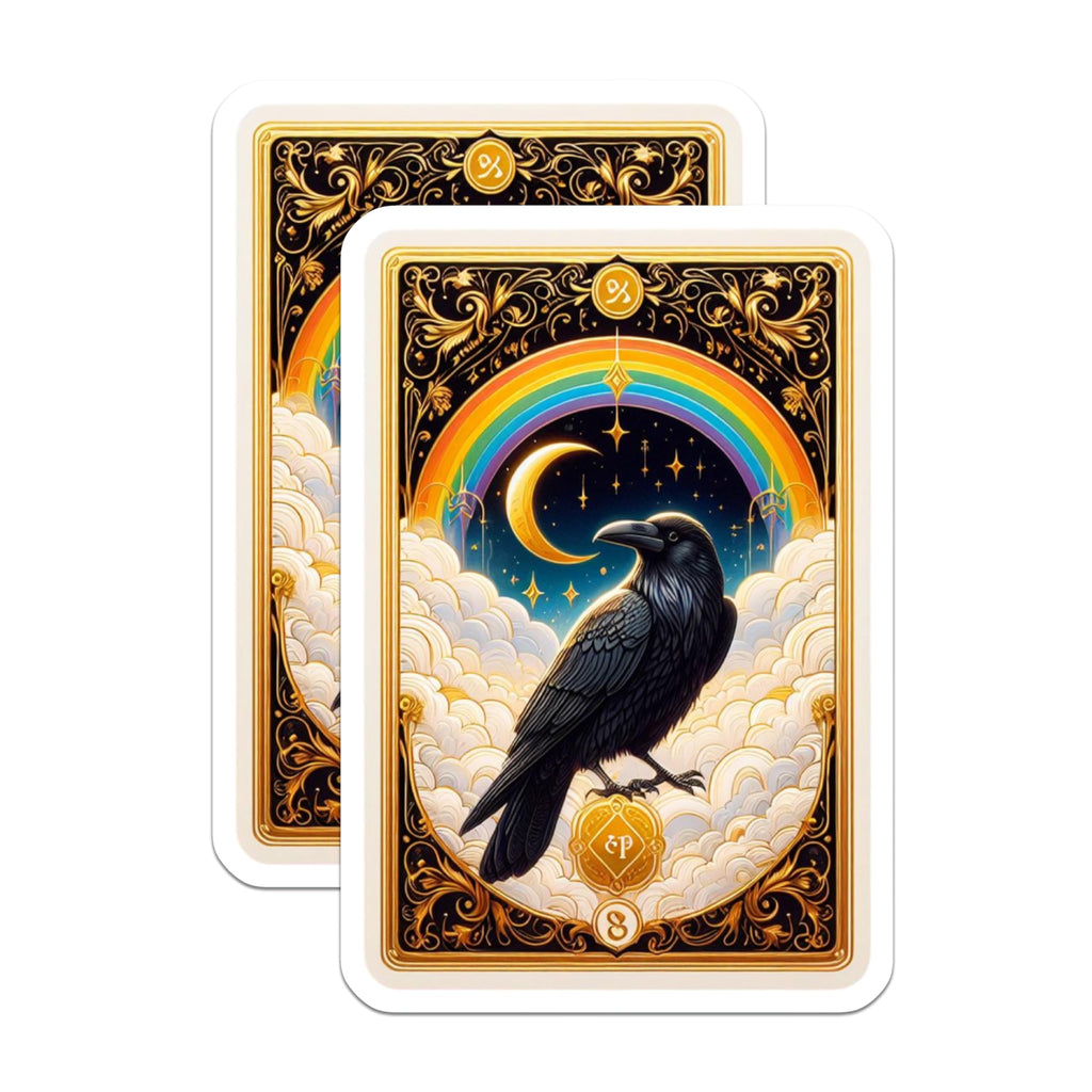 (2 Pack) Raven Crow Bird Magnets - Celestial Rainbow Moon Star Sky - Mystical Ornate Gold Art - Fantasy Gothic Witchy Decor - 5 Inches On Longest Side - Thick Durable Magnet - Made in USA - MAG21086
