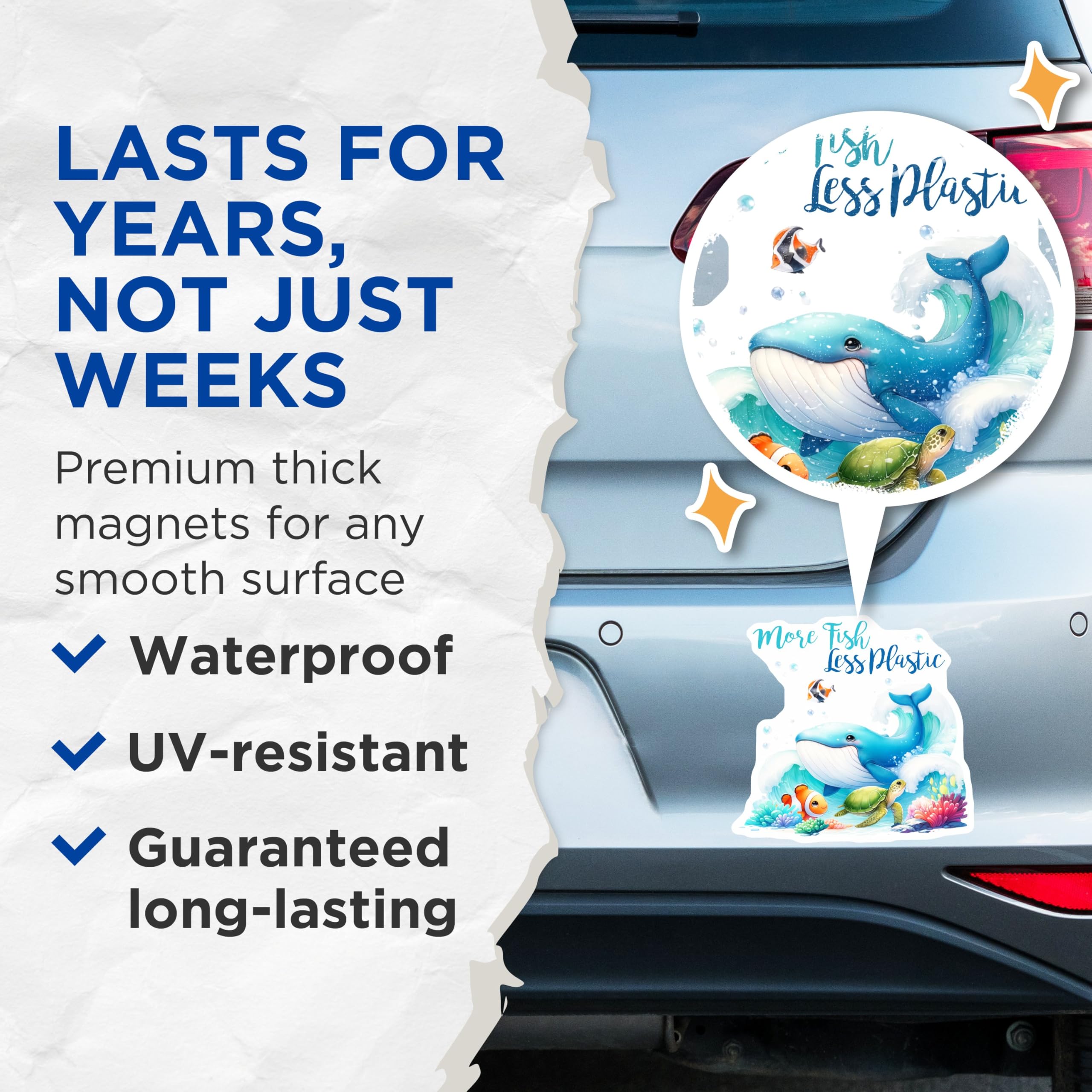 (2 Pack) More Fish Less Plastic Magnets - Ocean Life Decor - 5" On Longest Side - for Cars, Fridges, Toolboxes - Made in USA - MAG7958