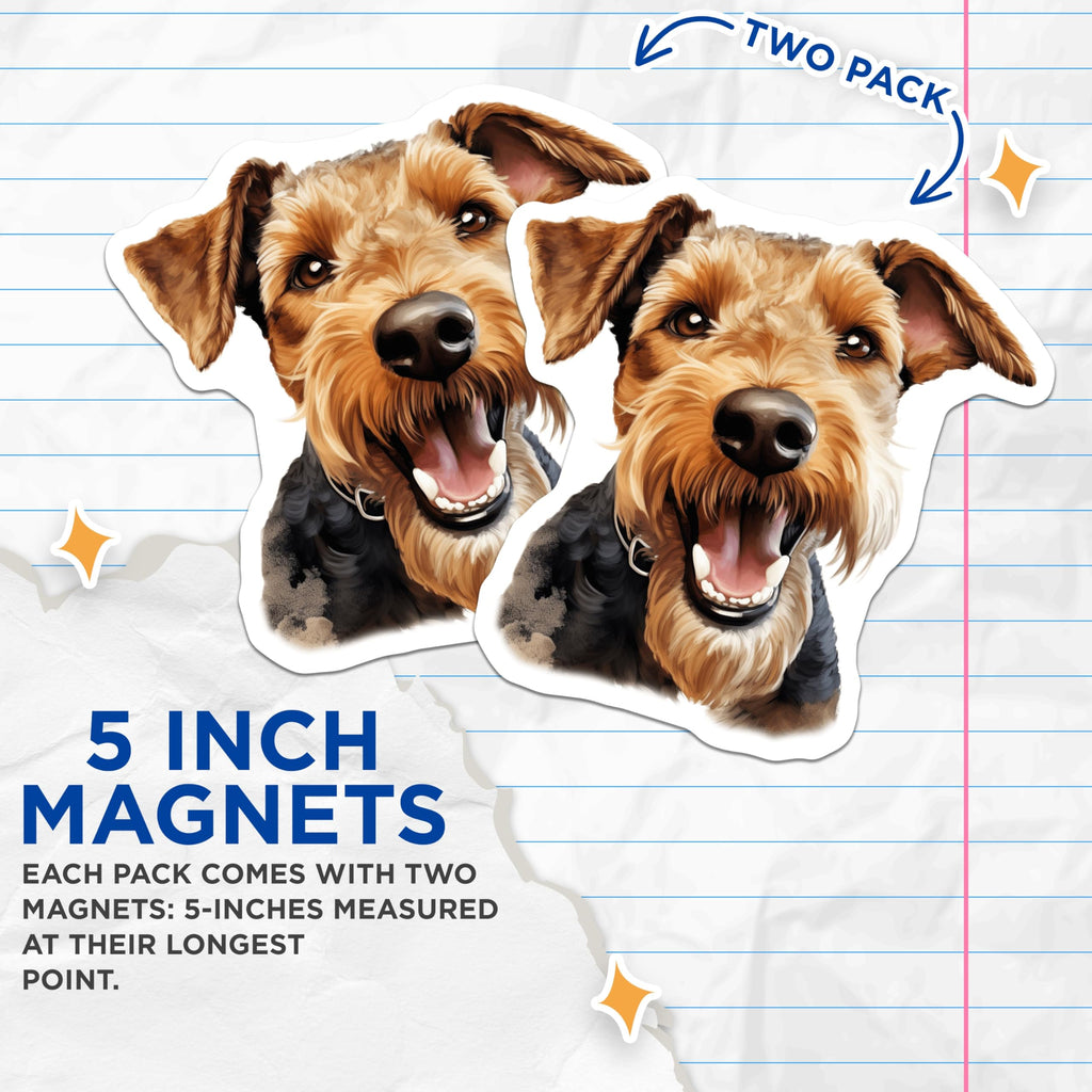 (2 Pack) Happy Airedale Terrier Magnets - Dog Lover Decor - Pet Parent Kitchen Art - 5 Inches On Longest Side - Thick Durable Magnet - Made in USA - MAG28648