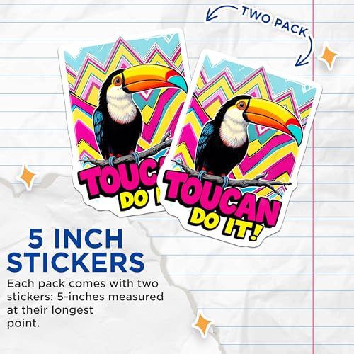 (2 Pack) Toucan Do It Stickers - Motivational Quote Stickers - Colorful Animal Stickers - 5" On Longest Side - Sticks to Smooth Flat Surfaces - Made in USA - BMCS4663