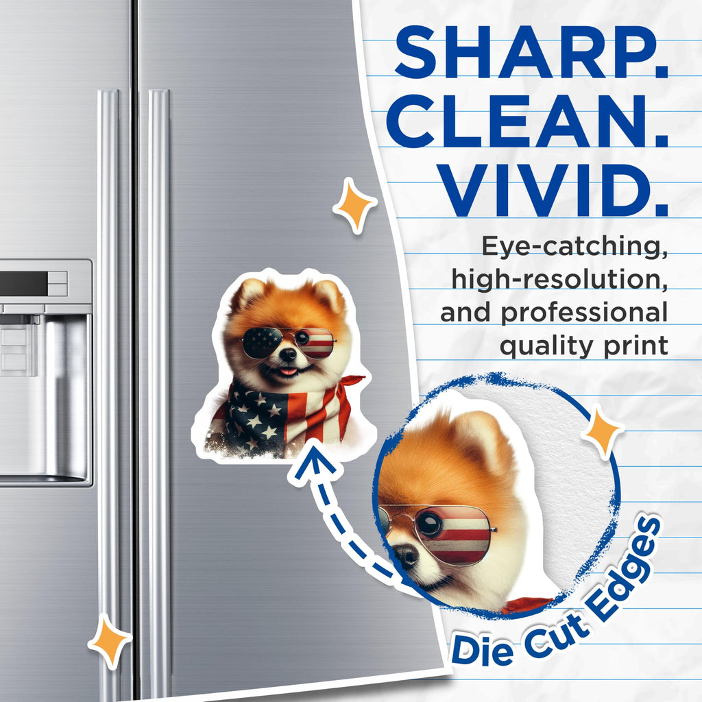 (2 Pack) Pomeranian Dog Magnets - American Flag Patriotic Decor - Cute Puppy Fridge Magnets - 5" On Longest Side - Premium Magnet - for Cars, Refrigerators, Toolboxes, Lockers - Made in USA - MAG15837