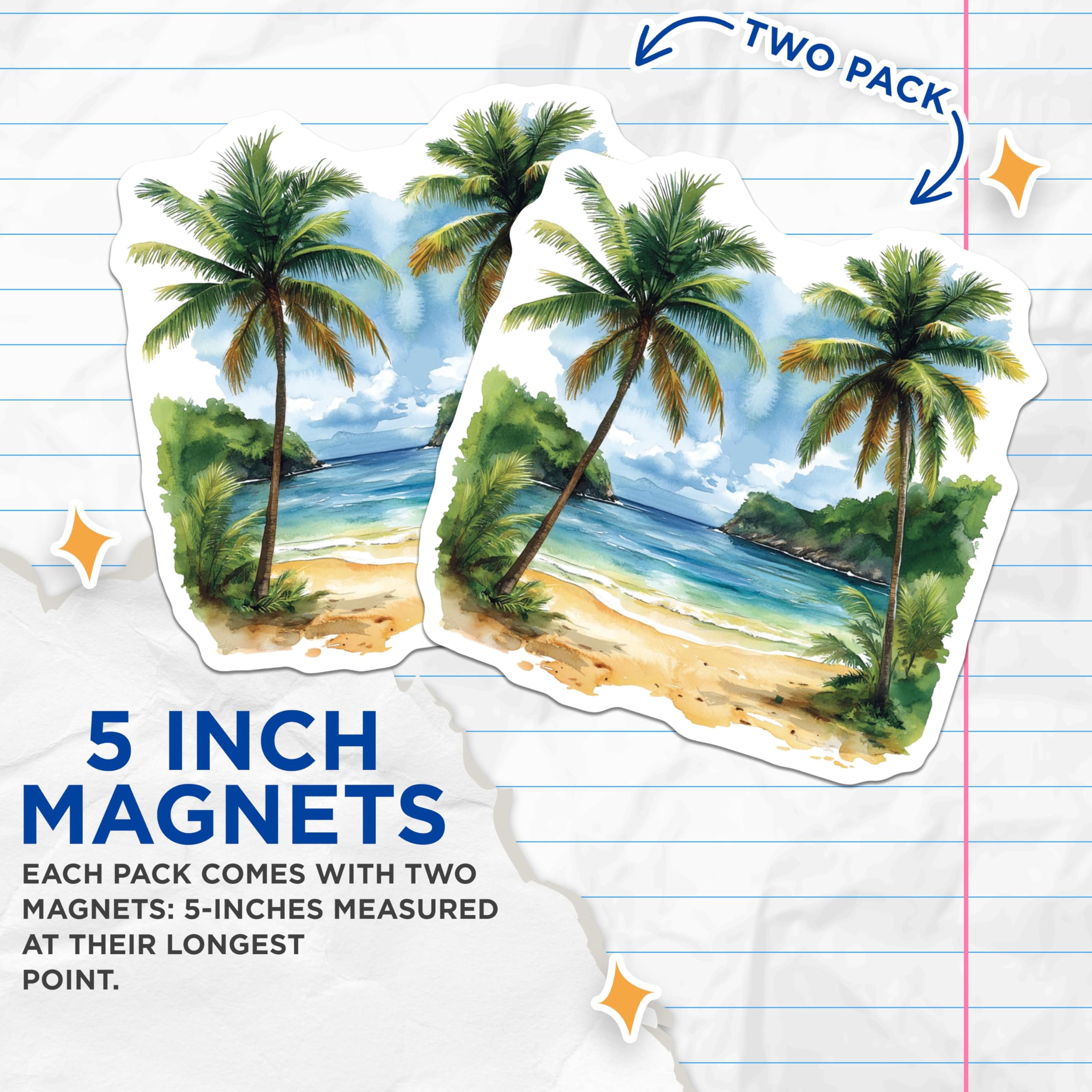 (2 Pack) Watercolor Tropical Beach Magnets - Palm Tree Island Decor - Serene Ocean View Art - 5 Inches On Longest Side - Thick Durable Magnet - Made in USA - MAG24033