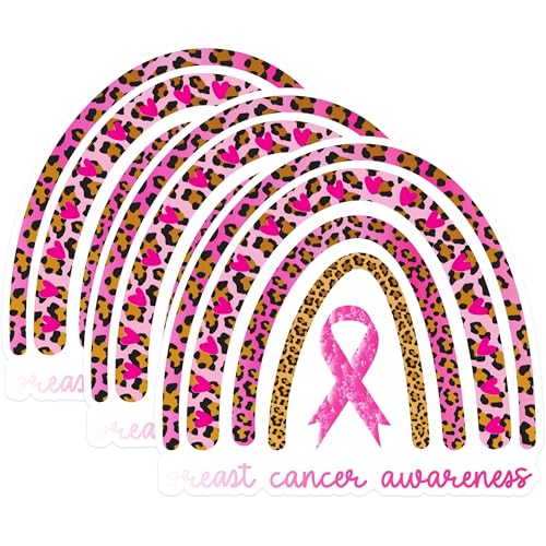 (3 Pack) Breast Cancer Awareness Decals - Rainbow Leopard Print - Pink Ribbon Support - 3 Inches On Longest Side - Easy Peel & Apply - Made in USA - 3MCS1254
