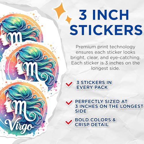 (3 Pack) Virgo Zodiac Decals - Astrology Sign Stickers - Horoscope Lover Decal- 3 Inches On Longest Side - Easy Peel & Apply - Made in USA - 3MCS5566