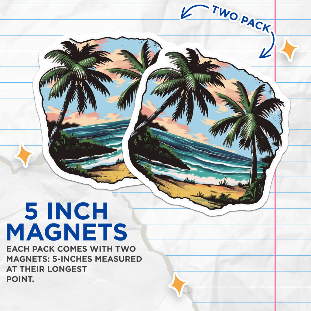 (2 Pack) Tropical Beach Magnets - Palm Tree Ocean Scene - Coastal Decor Fridge Magnets - 5 Inches On Longest Side - Thick Durable Magnet - Made in USA - MAG36574