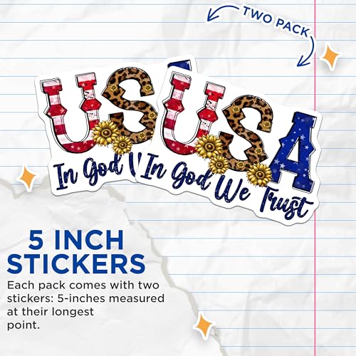 (2 Pack) USA in God We Trust Stickers - Patriotic Sunflower Leopard Print - American Flag - 5" On Longest Side - Sticks to Smooth Flat Surfaces - Made in USA - BMCS7881