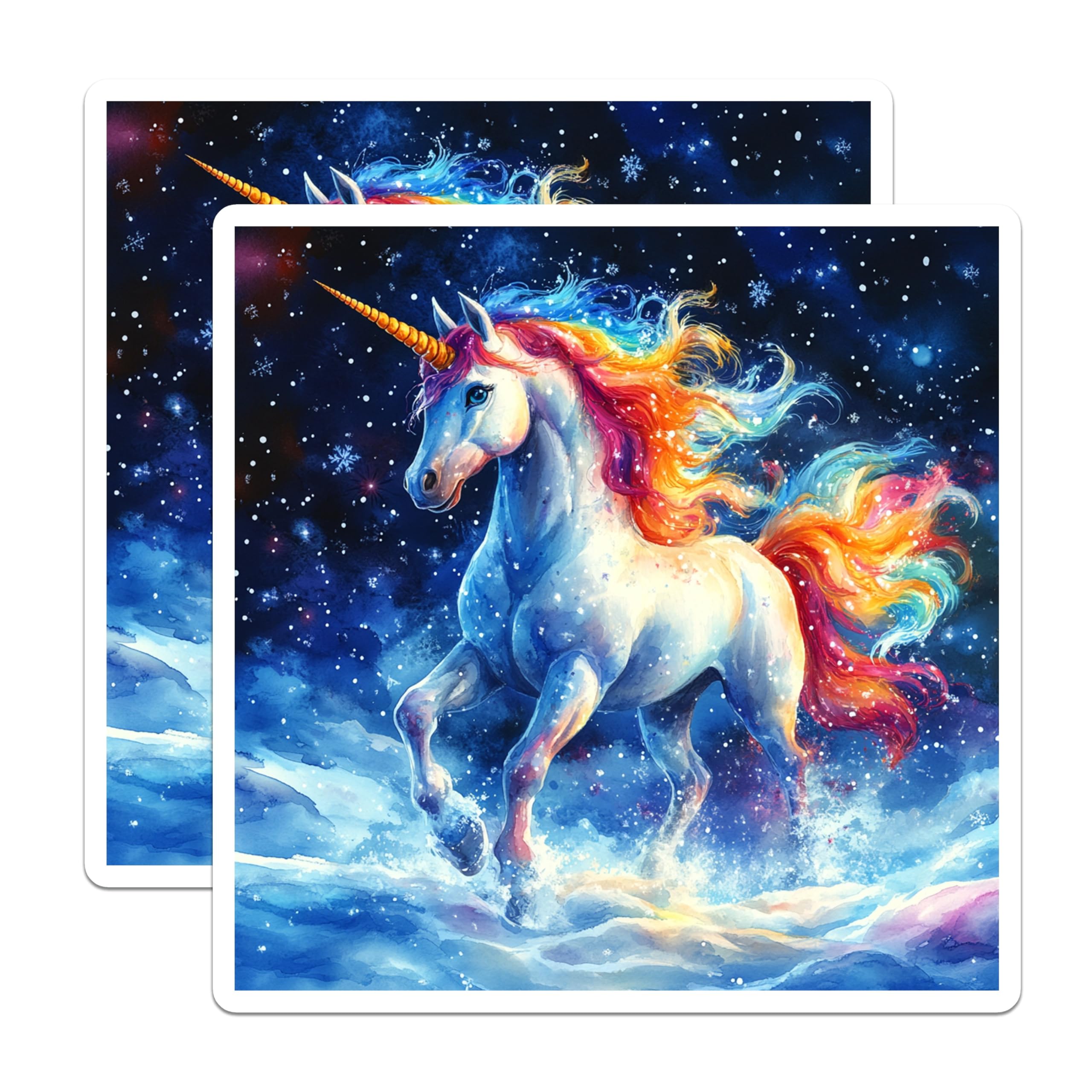 (2 Pack) Rainbow Unicorn Magnets - Fantasy Horse Decor - Winter Wonderland Creature Art - 5 Inches On Longest Side - Thick Durable Magnet - Made in USA - MAG26183