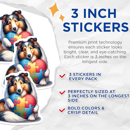 (3 Pack) Autism Awareness Decals - Sheltie Dog Puzzle Heart - Laptop Decals - 3 Inches On Longest Side - Easy Peel & Apply - Made in USA - 3MCS8234
