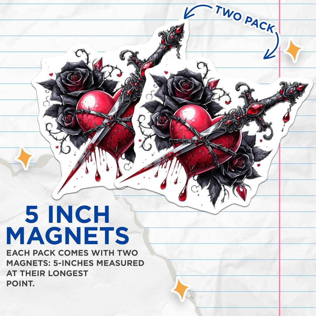 (2 Pack) Heart and Sword Magnets - Gothic Decor - Dark Romantic Magnets - 5" On Longest Side - Premium Magnet - for Cars, Refrigerators, Toolboxes, Lockers - Made in USA - MAG14477