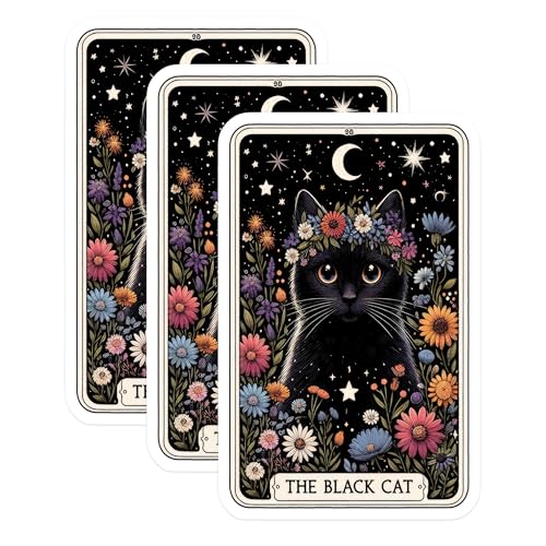 (3 Pack) Black Cat Decals - Floral Crown - Starry Night Decal - 3 Inches On Longest Side - Easy Peel & Apply - Made in USA - 3MCS4123