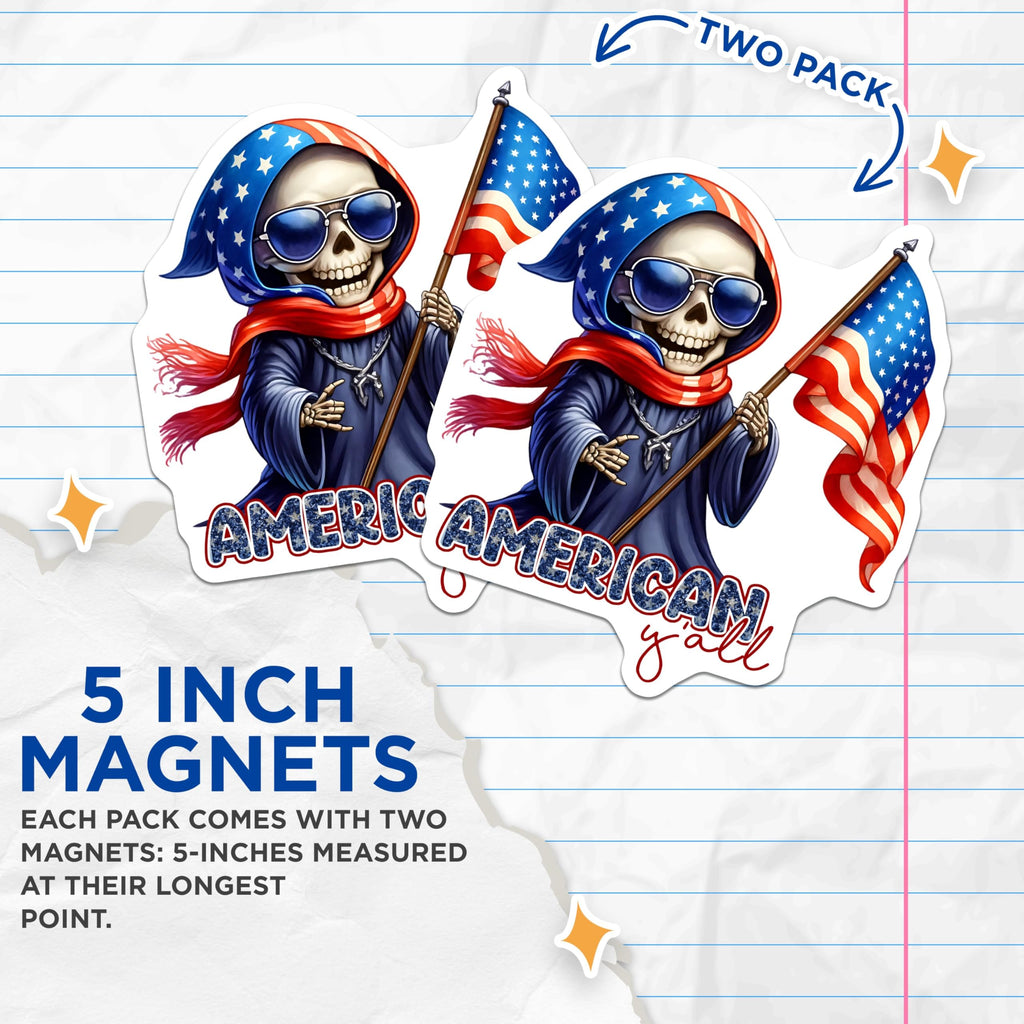 (2 Pack) American Y'all Magnets - Patriotic Skeleton Decor - Independence Day Decoration - 5" On Longest Side - for Cars, Fridges, Toolboxes - Made in USA - MAG7926