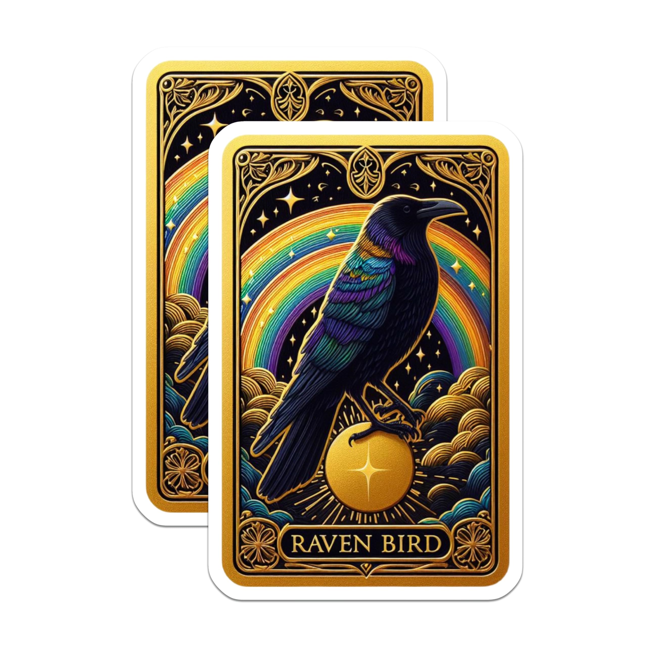 (2 Pack) Vibrant Rainbow Feathered Raven Magnets - Ornate Gold Mystical Bird - Celestial Tarot Style Kitchen Decor - 5 Inches On Longest Side - Thick Durable Magnet - Made in USA - MAG21576