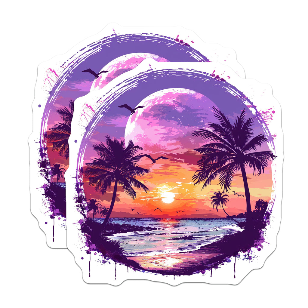 (2 Pack) Tropical Sunset Magnets - Palm Tree Beach Scene - Vibrant Ocean Art - Refrigerator Decor - 5 Inches On Longest Side - Thick Durable Magnet - Made in USA - MAG36227