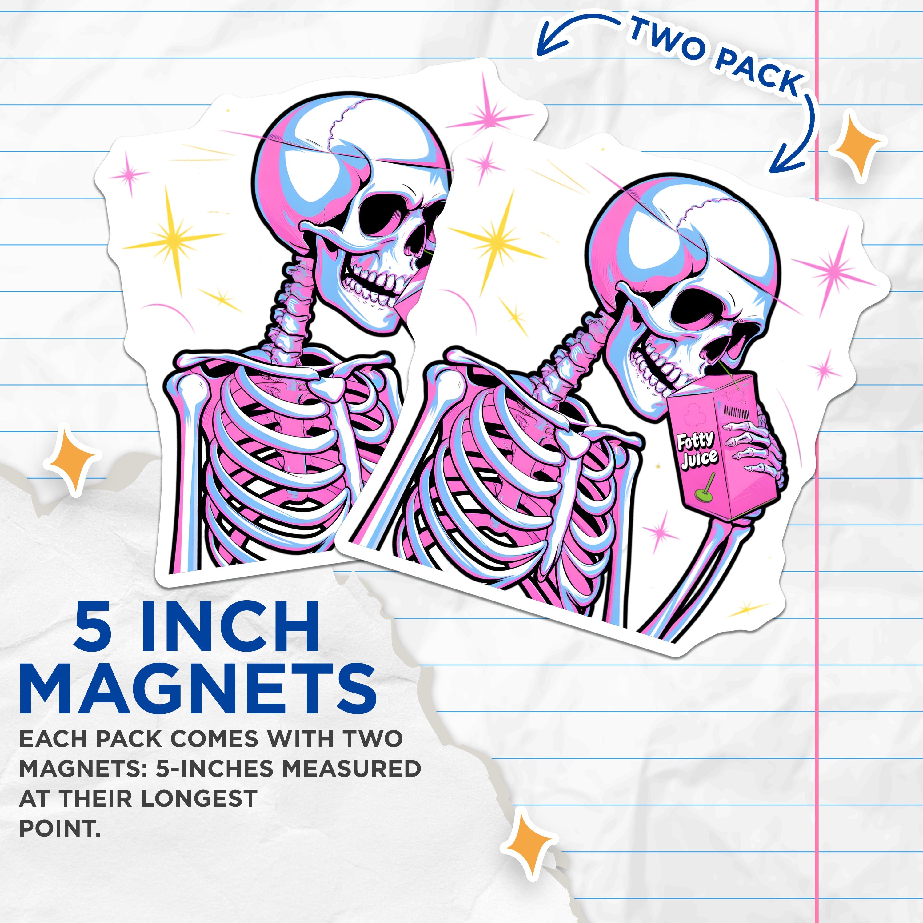 (2 Pack) Vaporwave Skeleton Magnets - Pastel Goth E-Girl Fridge Locker Decor - Quirky Skull Juice Box Aesthetic - 5 Inches On Longest Side - Thick Durable Magnet - Made in USA - MAG37427