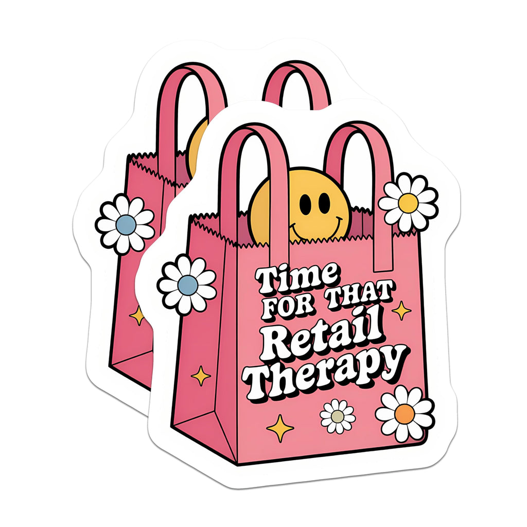 (2 Pack) Retail Therapy Magnets - Pink Shopping Bag Smiley Face Daisies - Humorous Trendy Groovy Aesthetic Decor For Shoppers - 5 Inches On Longest Side - Thick Durable Magnet - Made in USA - MAG20714