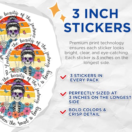 (3 Pack) Messy Bun Skeleton Decals - Floral Skull Stickers - Embrace Beauty Journey Laptop Decal - 3 Inches On Longest Side - Easy Peel & Apply - Made in USA - 3MCS8727