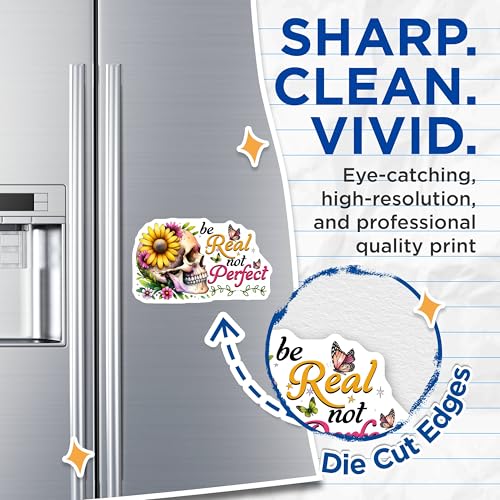 (2 Pack) Be Real Not Perfect Magnets - Skull Art - Inspirational Quote - Floral Skull Decor - 5" On Longest Side - for Cars, Fridges, Toolboxes - Made in USA - MAG7377