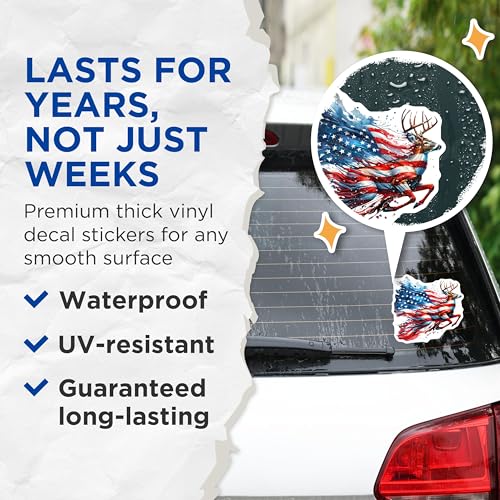 (2 Pack) American Flag Deer Stickers - Patriotic Animal Art - US Flag Wildlife Illustration - 5" On Longest Side - Sticks to Smooth Flat Surfaces - Made in USA - BMCS8653
