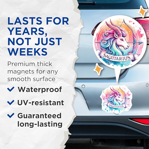 (2 Pack) Sagittarius Horoscope Magnets - Zodiac Sign - Mystical Decor - Star Sign - Horoscope Gifts - 5" On Longest Side - for Cars, Fridges, Toolboxes - Made in USA - MAG6910