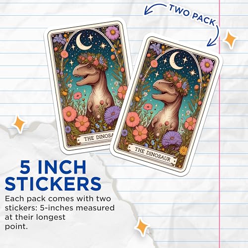(2 Pack) The Dinosaur Stickers - Cute Dinosaur Moon and Flowers Design - Whimsical Dinosaur Art Stickers - 5" On Longest Side - Sticks to Smooth Flat Surfaces - Made in USA - BMCS4831