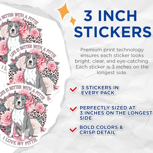 (3 Pack) Pitbull Dog Decals - Floral Pitbull - I Love My Pittie - Laptop Decals- 3 Inches On Longest Side - Easy Peel & Apply - Made in USA - 3MCS5952