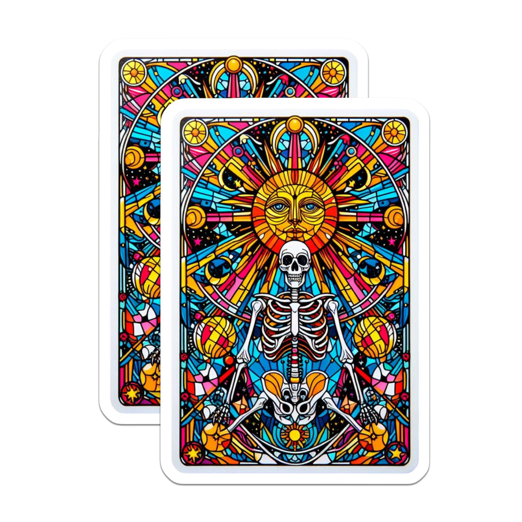 (2 Pack) Stained Glass Skeleton Stickers - Psychedelic Sun Face Skull - Vibrant Celestial Cosmic Art - 5" On Longest Side - Sticks to Smooth Flat Surfaces - Made in USA - BMCS20588
