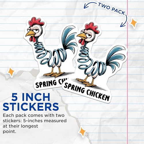 (2 Pack) Spring Chicken Stickers - Funny Chicken Decal - Humorous Animal - 5" On Longest Side - Sticks to Smooth Flat Surfaces - Made in USA - BMCS7637