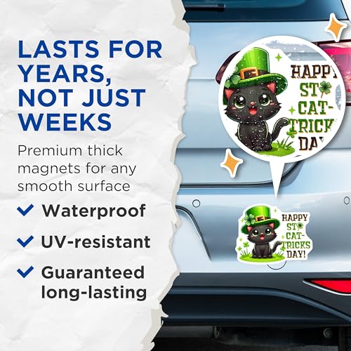 (2 Pack) Happy St Cat-Tricks Day Magnets - Cute Cat - St Patrick's Day Decoration - 5" On Longest Side - for Cars, Fridges, Toolboxes - Made in USA - MAG80