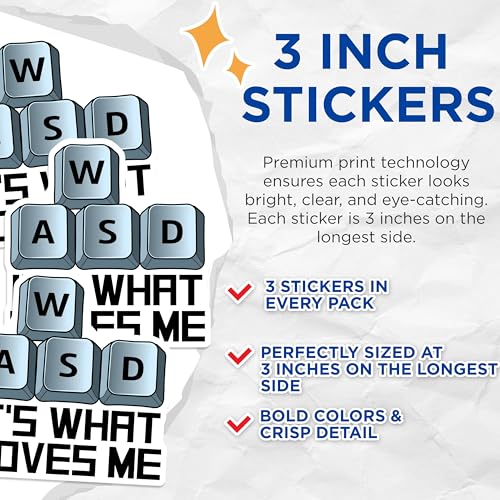 (3 Pack) WASD Gaming Decals - PC Gamer Sticker - Keyboard Keys - Laptop Decals - 3 Inches On Longest Side - Easy Peel & Apply - Made in USA - 3MCS6189